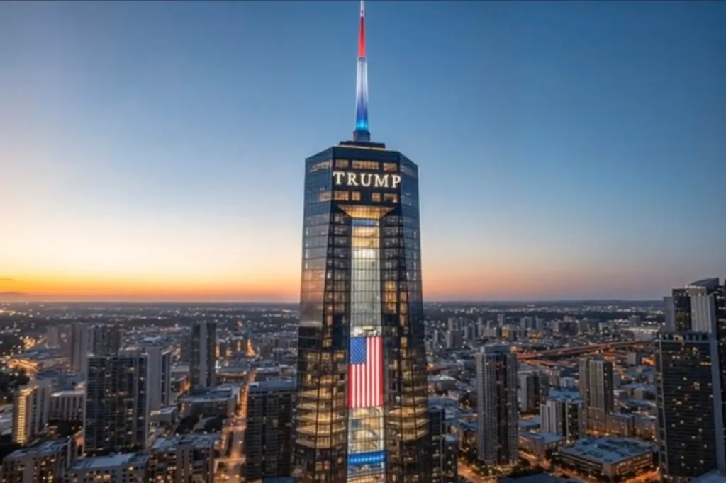 Illustration of a Trump skyscraper in Miami with a US flag design.