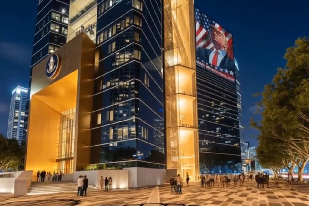 Illustration of a skyscraper with a large image of Donald Trump on its side.