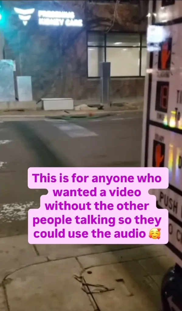 A crosswalk signal box on the right of the image with a neon purple speech bubble containing text in the lower center.