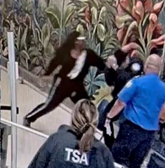 A man in a black tracksuit attacking a group of security personnel in an airport.