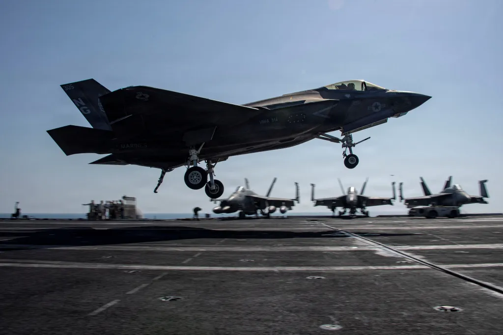 A US Marines F-35C prepares to land on the deck of the USS Abraham Lincoln on March 7, 2026.