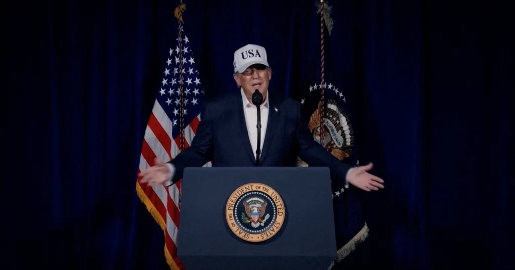 President Donald Trump addresses the nation after the US's strikes on Iran on Feb. 28, 2026.