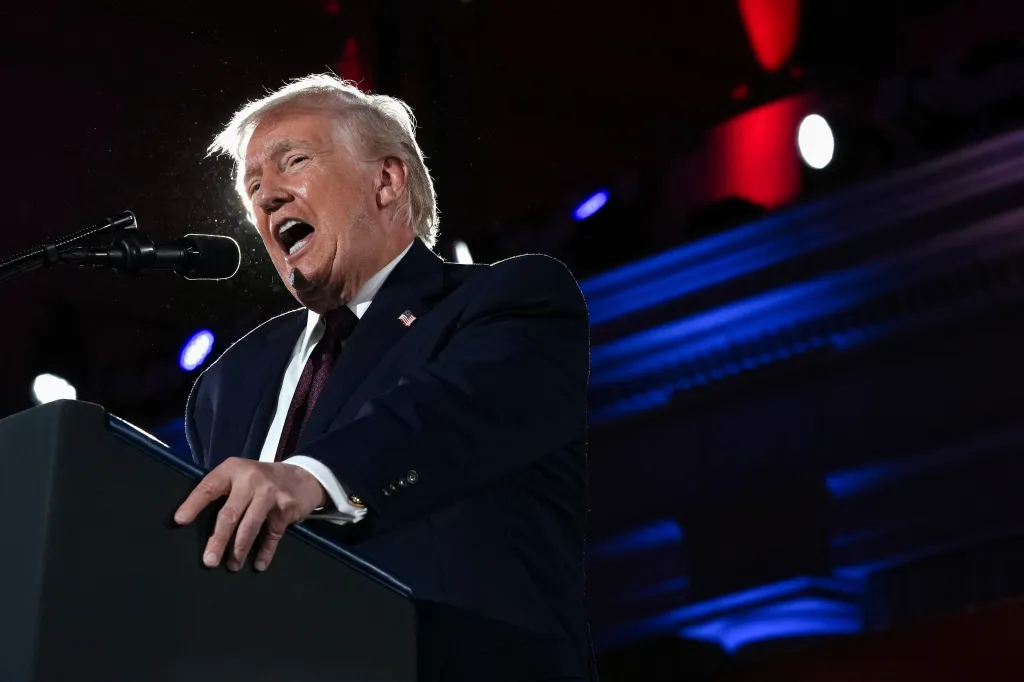 Donald Trump speaking at the National Republican Congressional Committee annual fundraising dinner.