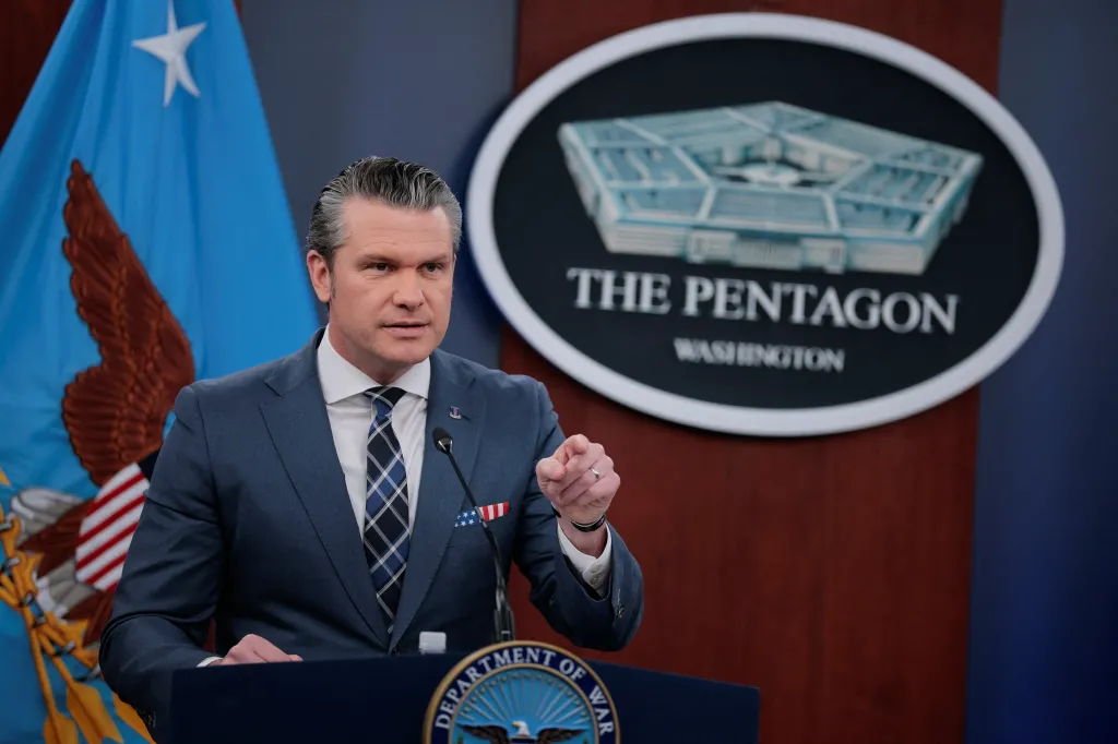 Secretary of War Pete Hegseth holds a press briefing at the Pentagon on March 19, 2026.