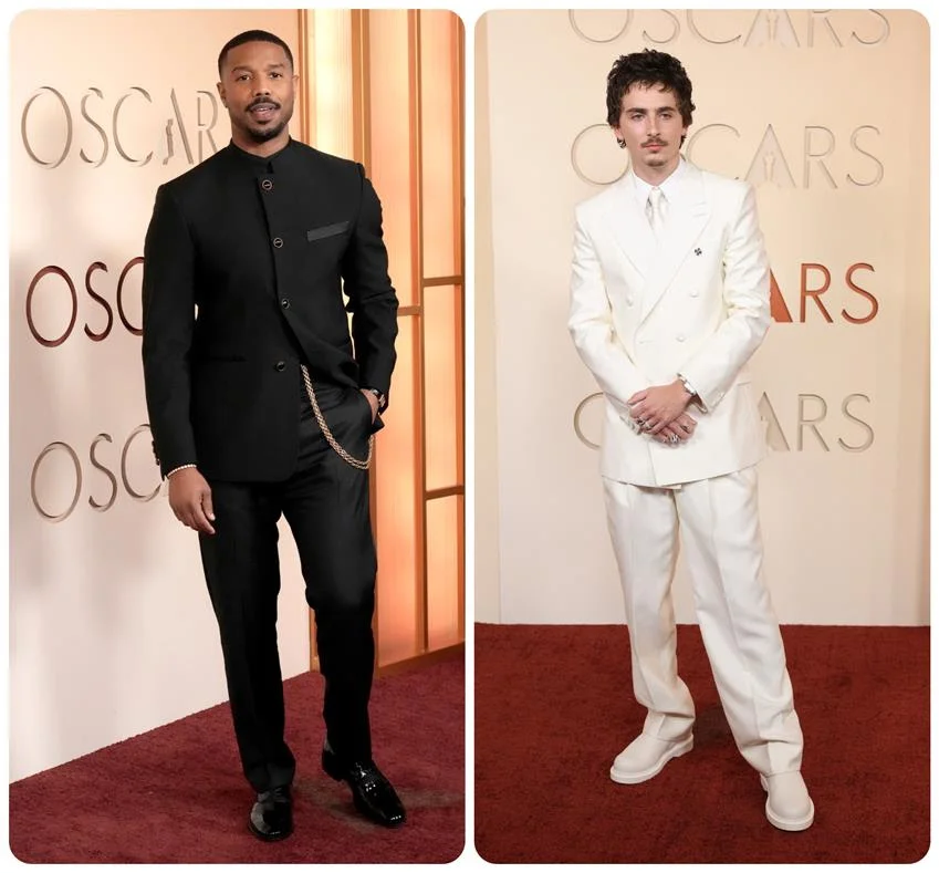 Michael B. Jordan in custom Louis Vuitton, Timothée Chalamet in custom Givenchy. Source: Getty