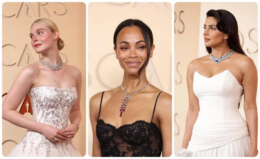 Elle Fanning and Zoe Saldaña in Cartier; Priyanka Chopra in Bulgari. Source: Getty