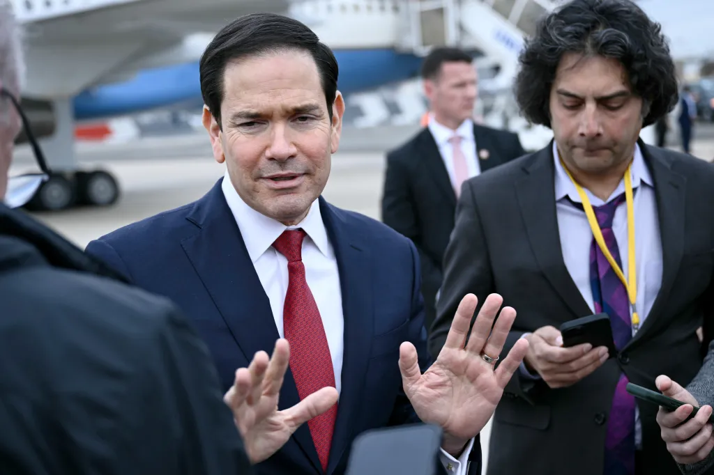 US Secretary of State Marco Rubio gestures as he speaks to the press following a G7 Foreign Ministers' meeting with Partner Countries at the Bourget airport in Le Bourget, outside Paris, Friday, March 27, 2026.