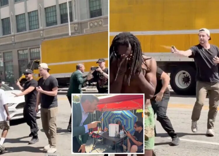 Wild video shows moment activist trying to expose voter fraud is attacked on LA’s Skid Row