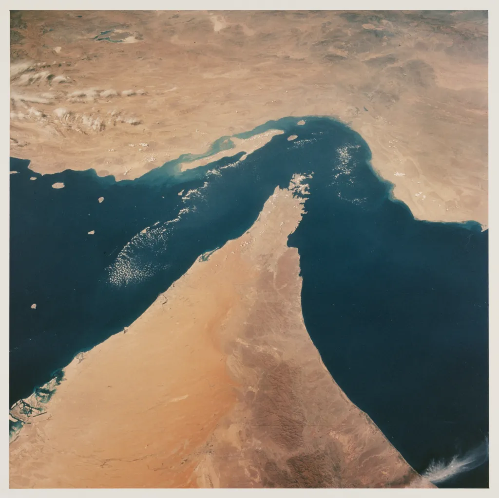 Satellite view of the Strait of Hormuz, with the Gulf of Oman and Persian Gulf.