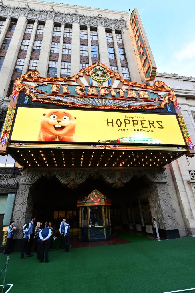 View of the marquee during the world premiere of Disney and Pixar's HOPPERS at El Capitan Theatre in Los Angeles, California on February 23, 2026. 