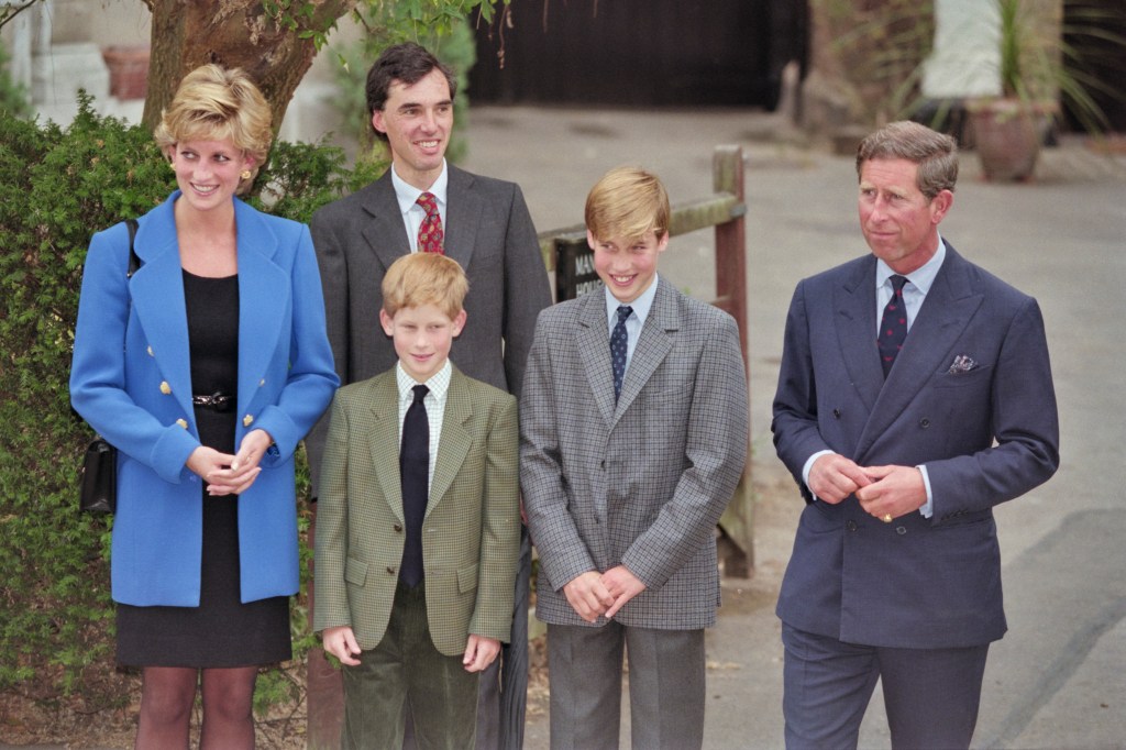 Princess Diana, Dr Andrew Gailey, Prince Harry, Prince William, and Prince Charles outside Manor House on Prince William's first day at Eton College.