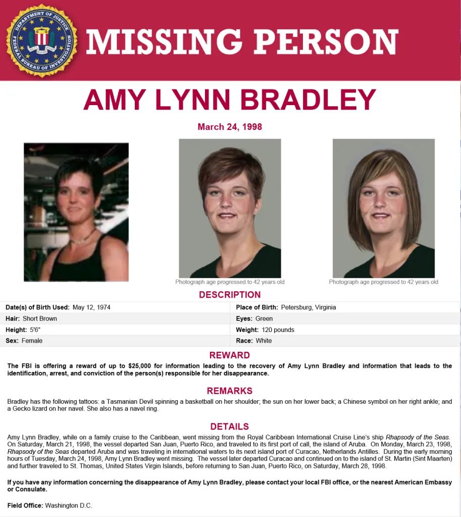 FBI missing person poster for Amy Lynn Bradley, with one photo of her from 1998 and two age-progressed photos to 42 years old.
