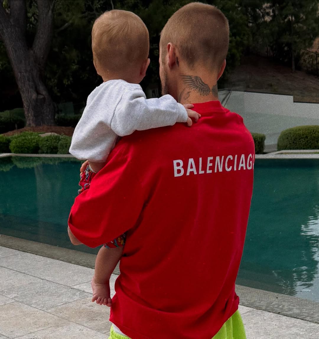 Hailey welcomed her son, pictured here with Justin, in August 2024.