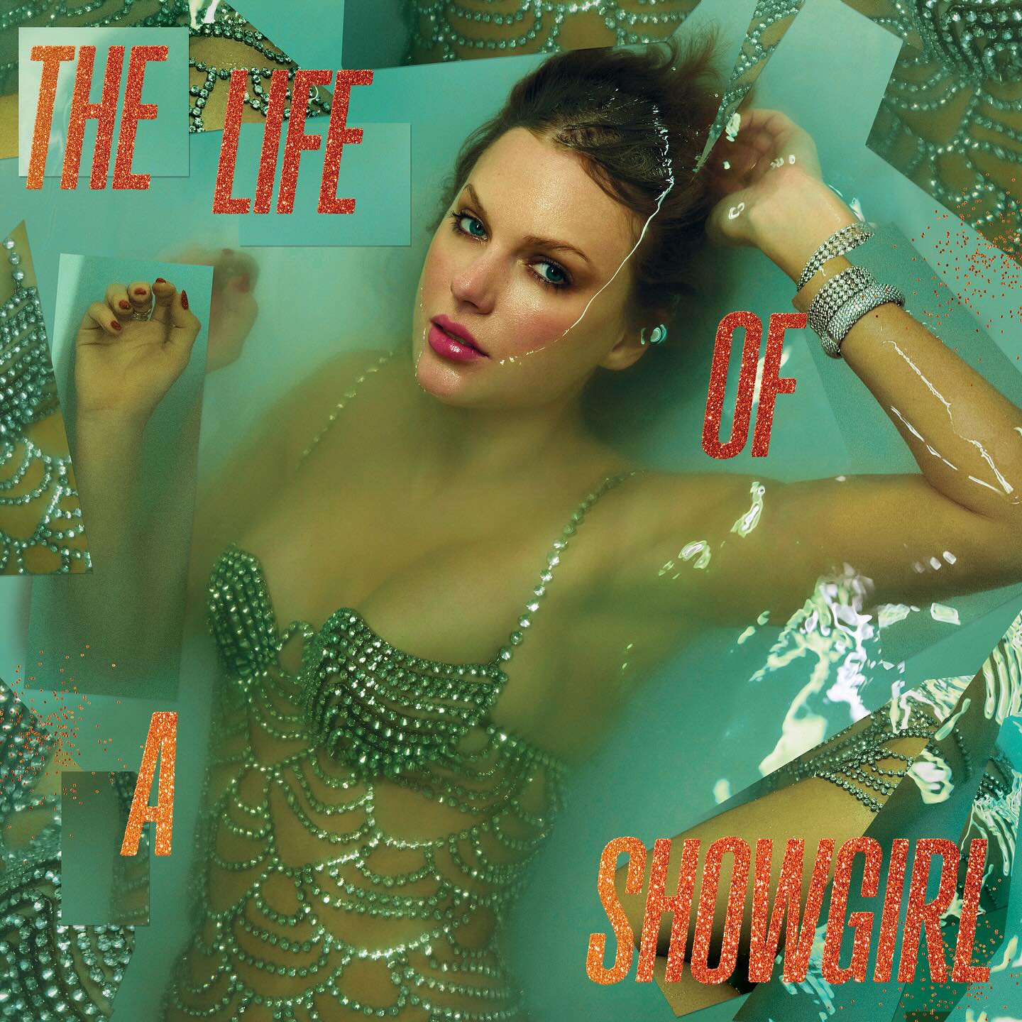 Illustration of Taylor Swift as a showgirl in a bathtub, promoting the album 