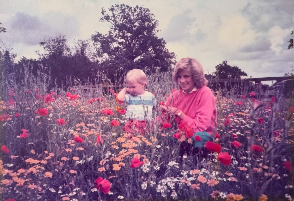 Princess Diana and young Prince William in a field of red poppies and wildflowers.