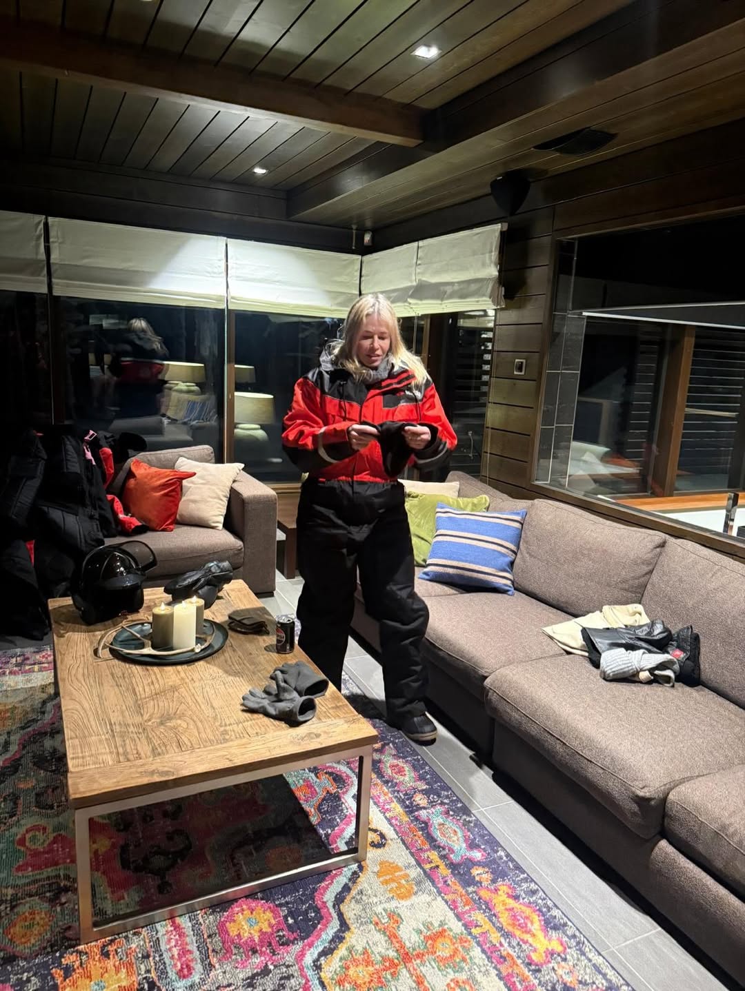 Chelsea Handler wearing ski gear indoors.