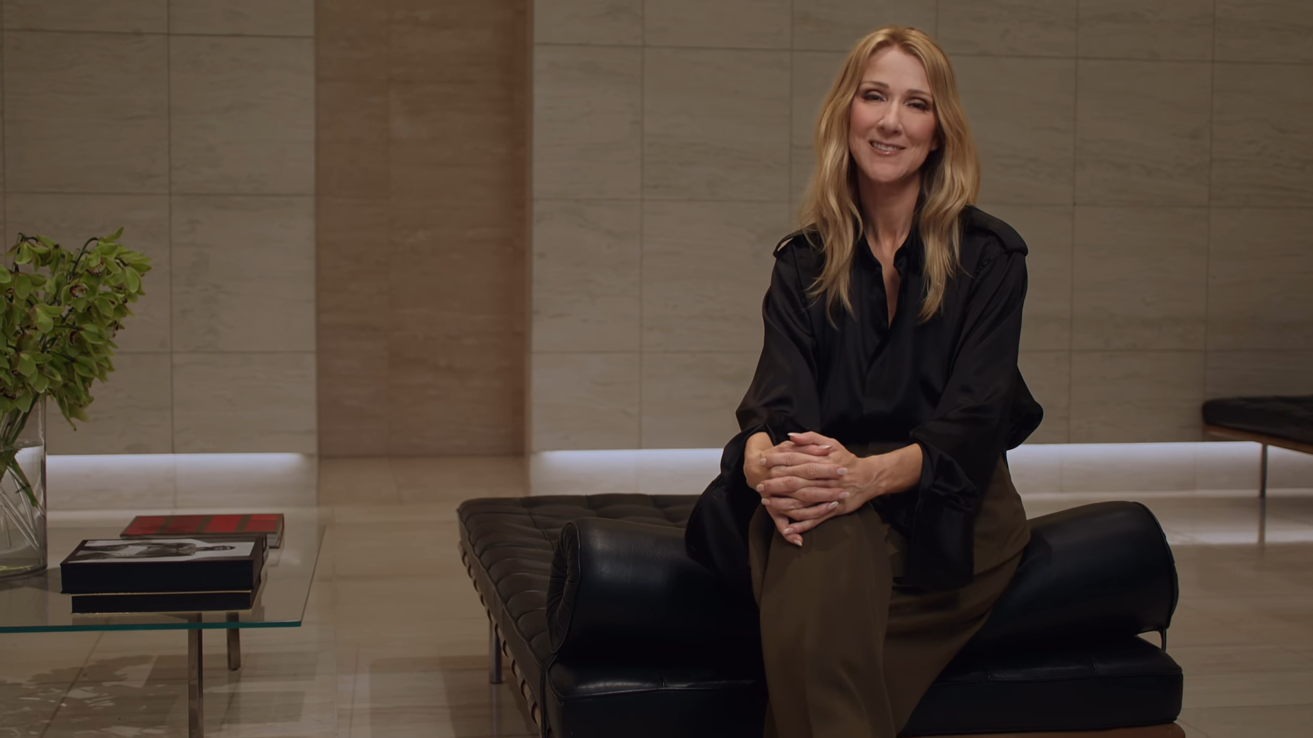 Celine Dion sitting on a black leather bench, making a major career move.