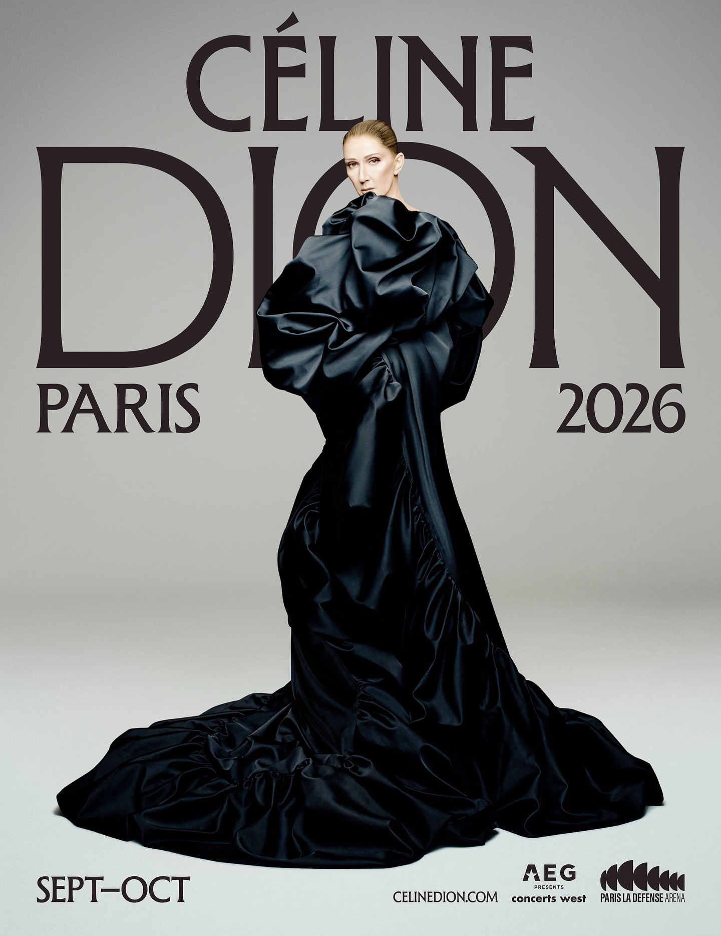Céline Dion in a black satin gown, against a large 
