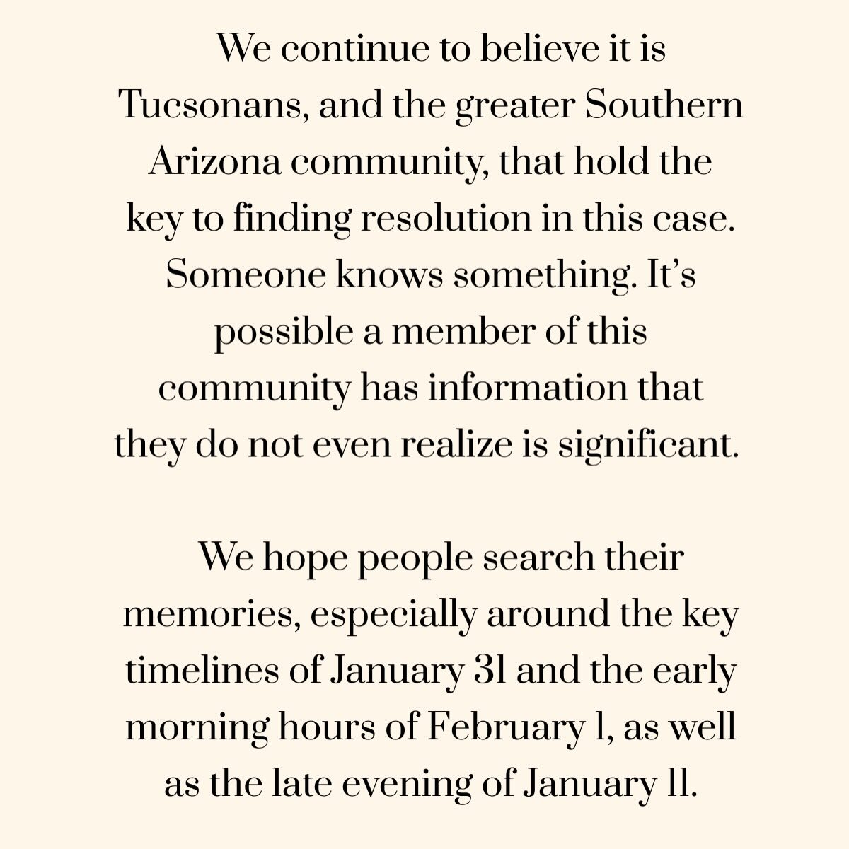 Text about Tucsonans holding the key to a case, asking for people to search their memories for specific dates.