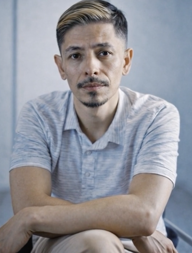 Rene Campos, a man with highlighted hair and a goatee, sitting with his arms crossed.