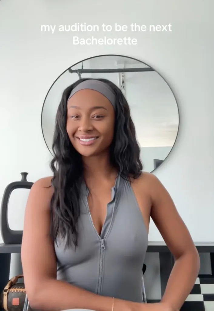 Kayla Nicole wearing a grey athletic outfit with a grey headband, auditioning for The Bachelorette.
