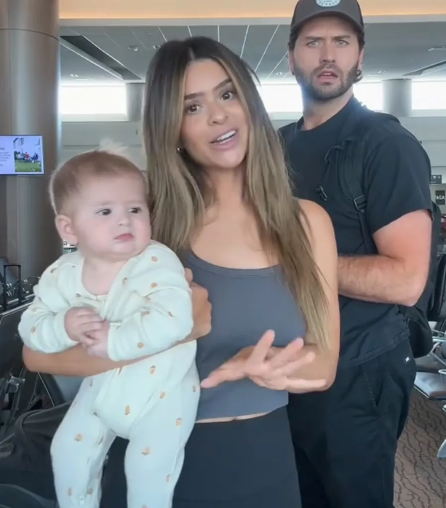 Taylor Frankie Paul holding her baby, and her ex-boyfriend Dakota Mortensen standing beside her.