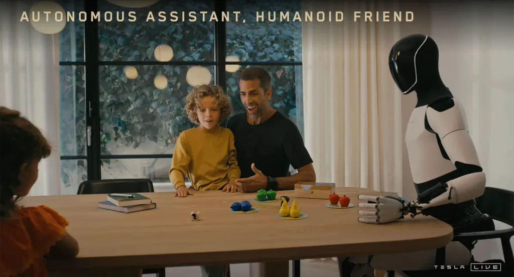 A family and a Tesla Bot sitting at a table playing a board game.