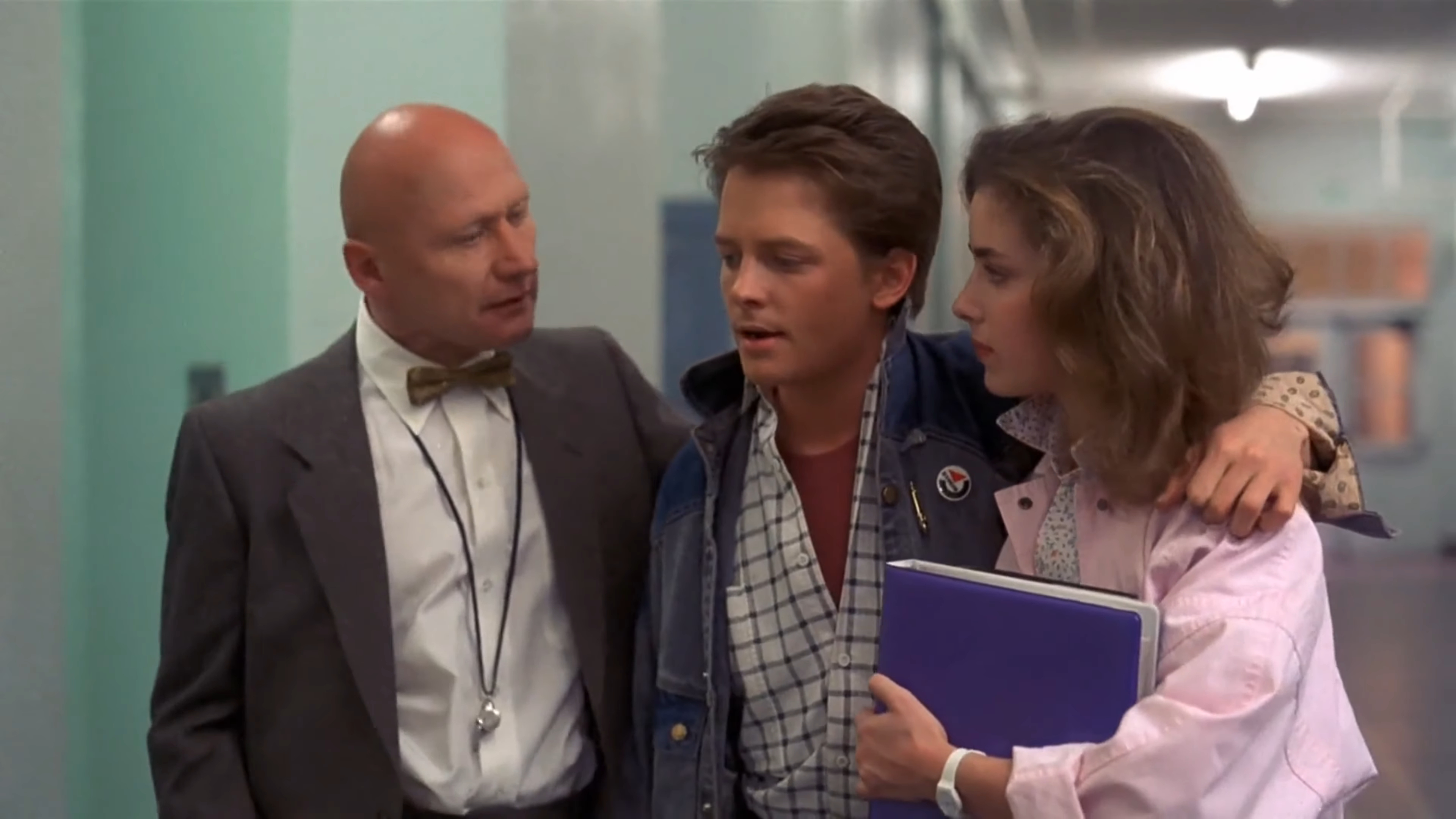 Principal Strickland, Marty McFly, and Jennifer Parker from