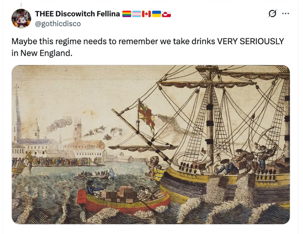 Illustration of the Boston Tea Party with colonists dumping tea chests from a ship into the harbor.