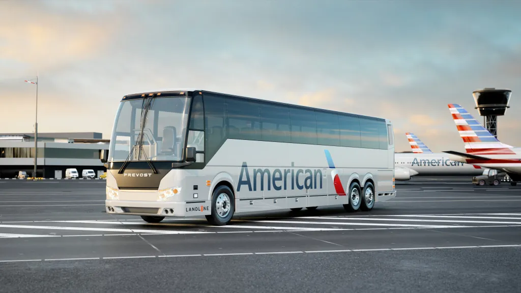 Illustration of an American Airlines bus on an airport tarmac with airplanes and a control tower in the background.