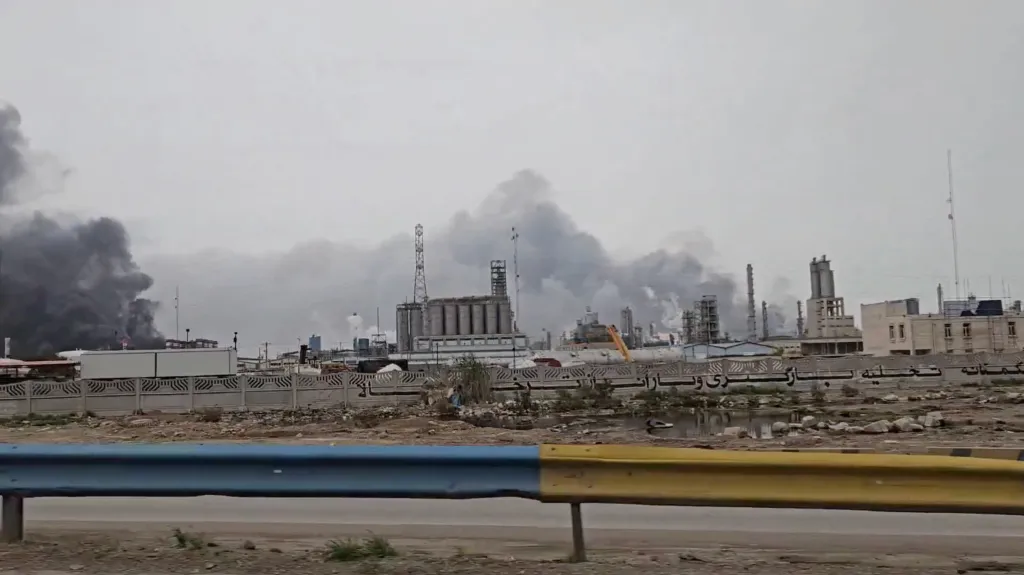 Smoke rises after strikes on the Mahshahr Petrochemical Zone in Bandar Mahshahr County, Iran.