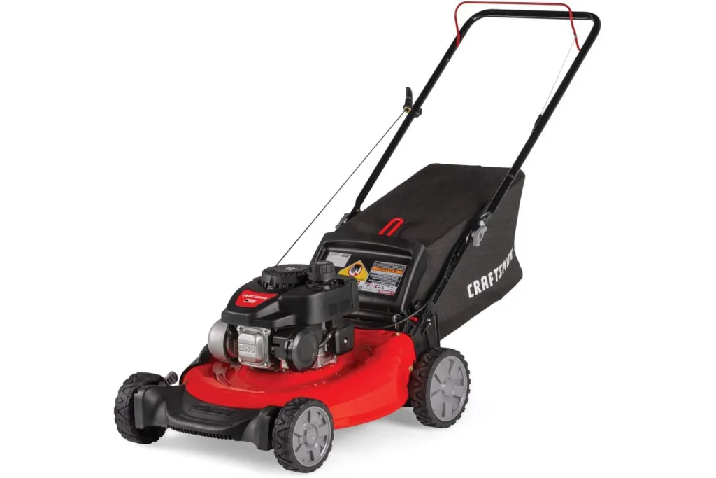 Craftsman 3-in-1 Gas-Powered Push Lawn Mower with Bagger, red and black