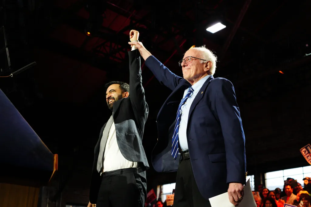 New York City Mayor Zohran Mamdani and Sen. Bernie Sanders during an event in Queens, NY, on April 12, 2026. 
