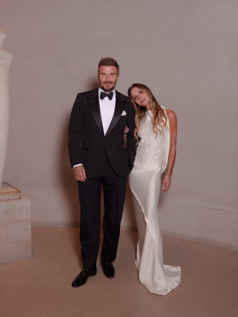 David Beckham, in a black tuxedo, and Victoria Beckham, in a shimmering cream gown, at the Time100 Gala in New York City.