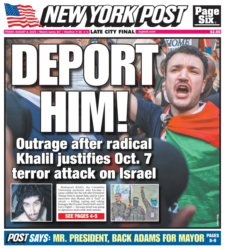 The New York Post front cover on Aug. 8, 2025.