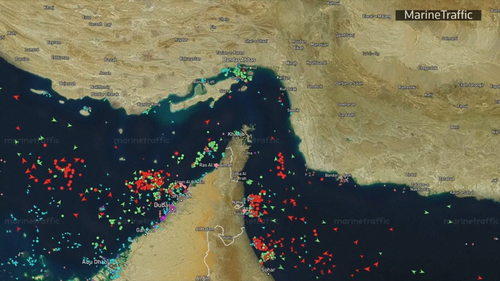 Vessel tracker showing traffic in the Strait of Hormuz.