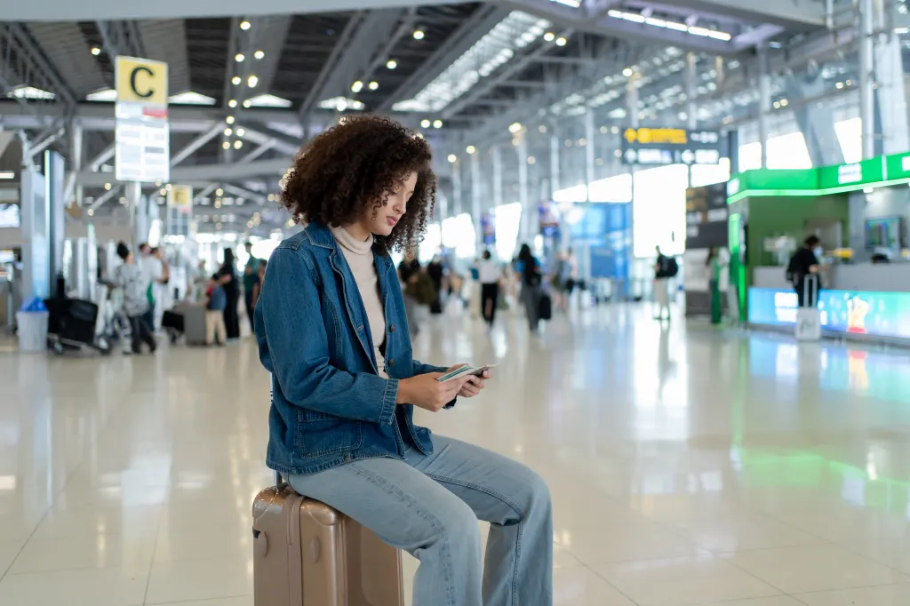 Latina traveler holding passport and boarding pass in airport terminal, sitting on a suitcase.