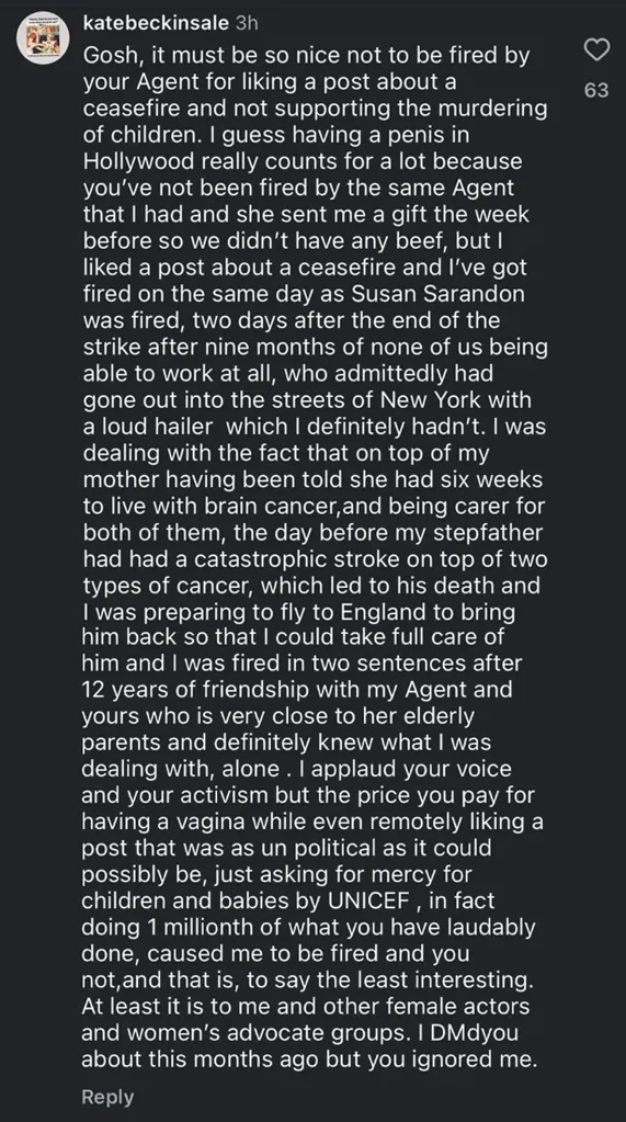 A social media post from Kate Beckinsale discussing being fired by her agent for supporting a ceasefire.