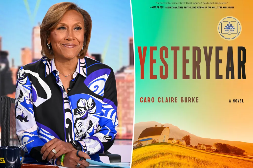Robin Roberts in a patterned shirt and the book cover for 