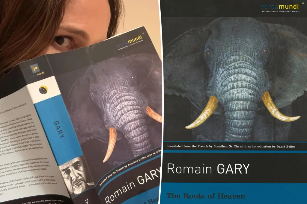 Collage of a person peeking over a book with an elephant illustration on the cover, and a close-up of the book cover.