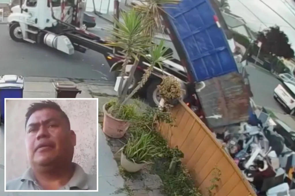 Collage of a man's portrait and a truck dumping items over a fence.