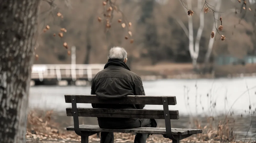 An elderly person sits alone on a park bench facing a lake.