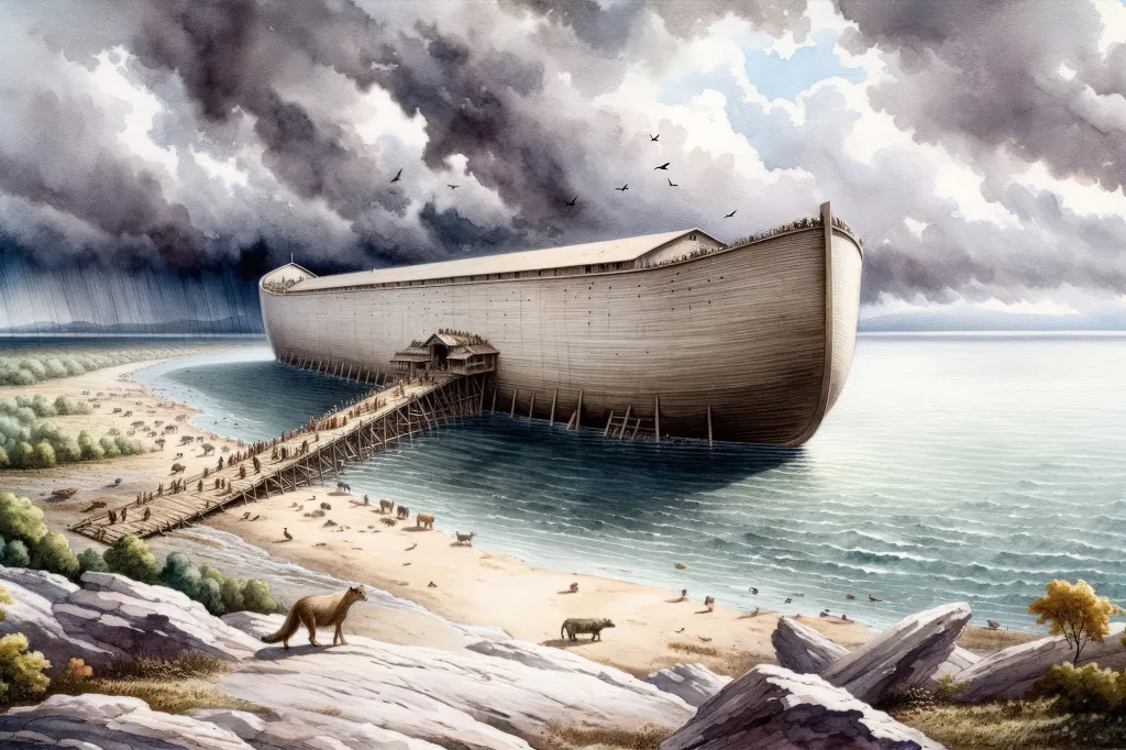 Illustration of Noah's Ark on a shoreline with animals boarding it, and dark storm clouds gathering overhead.