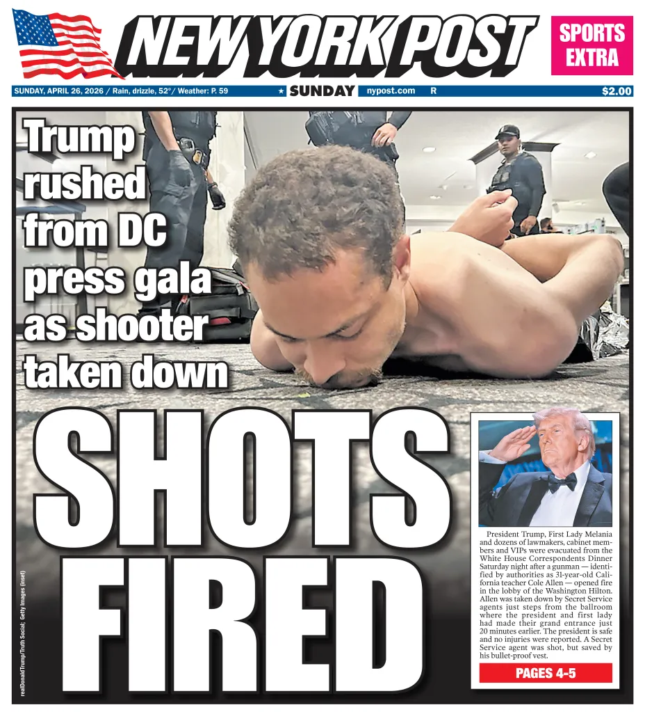 New York Post front page with headlines about an assassination attempt on Donald Trump, featuring an image of the shooter taken down and an inset of Trump.