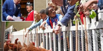 King Charles visits urban farm, feeds chickens on rare NYC visit