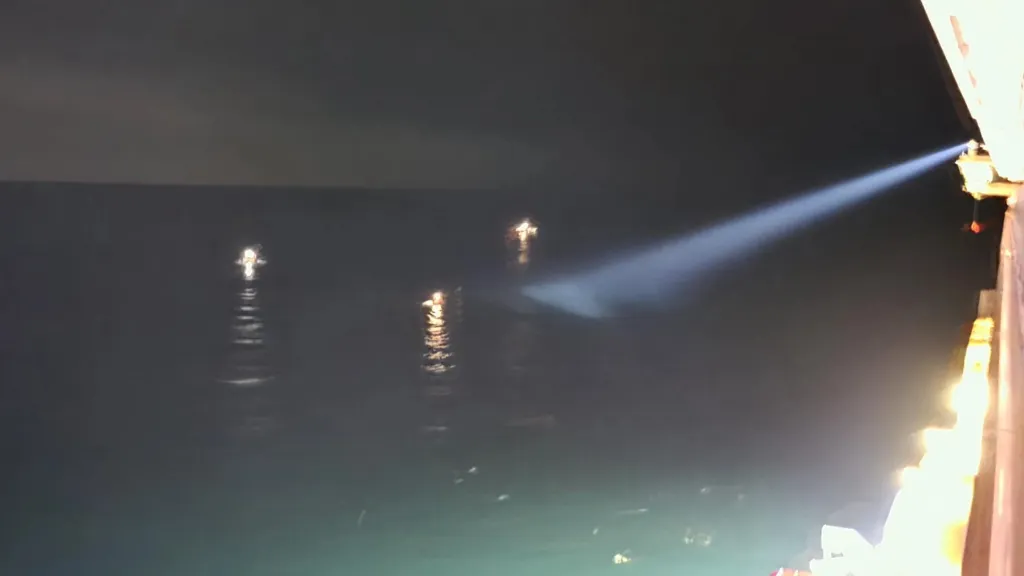 Nighttime search and rescue operation on the water, with a bright spotlight illuminating the dark sea from a boat.