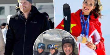 Prince Harry poses for selfie with politician Justin Trudeau and Olympian Eileen Gu on ski trip