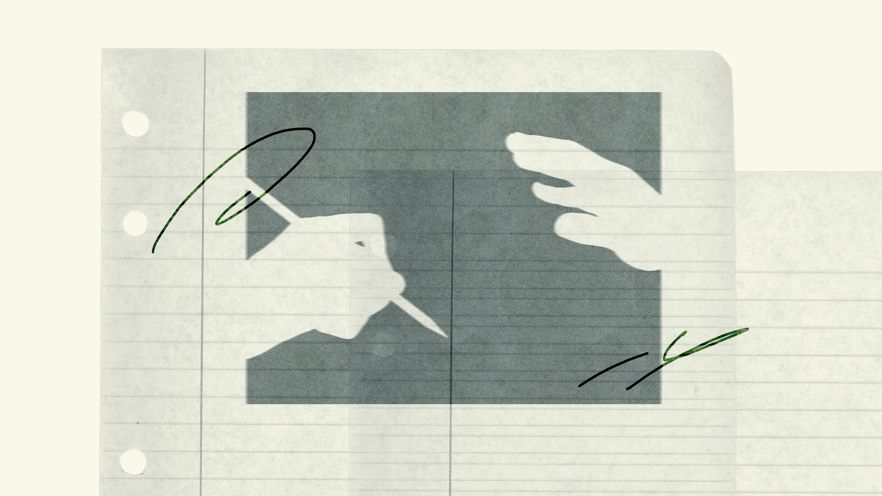 Sketch illustration of a hand writing in pencil on lined paper, with another hand guiding it from above