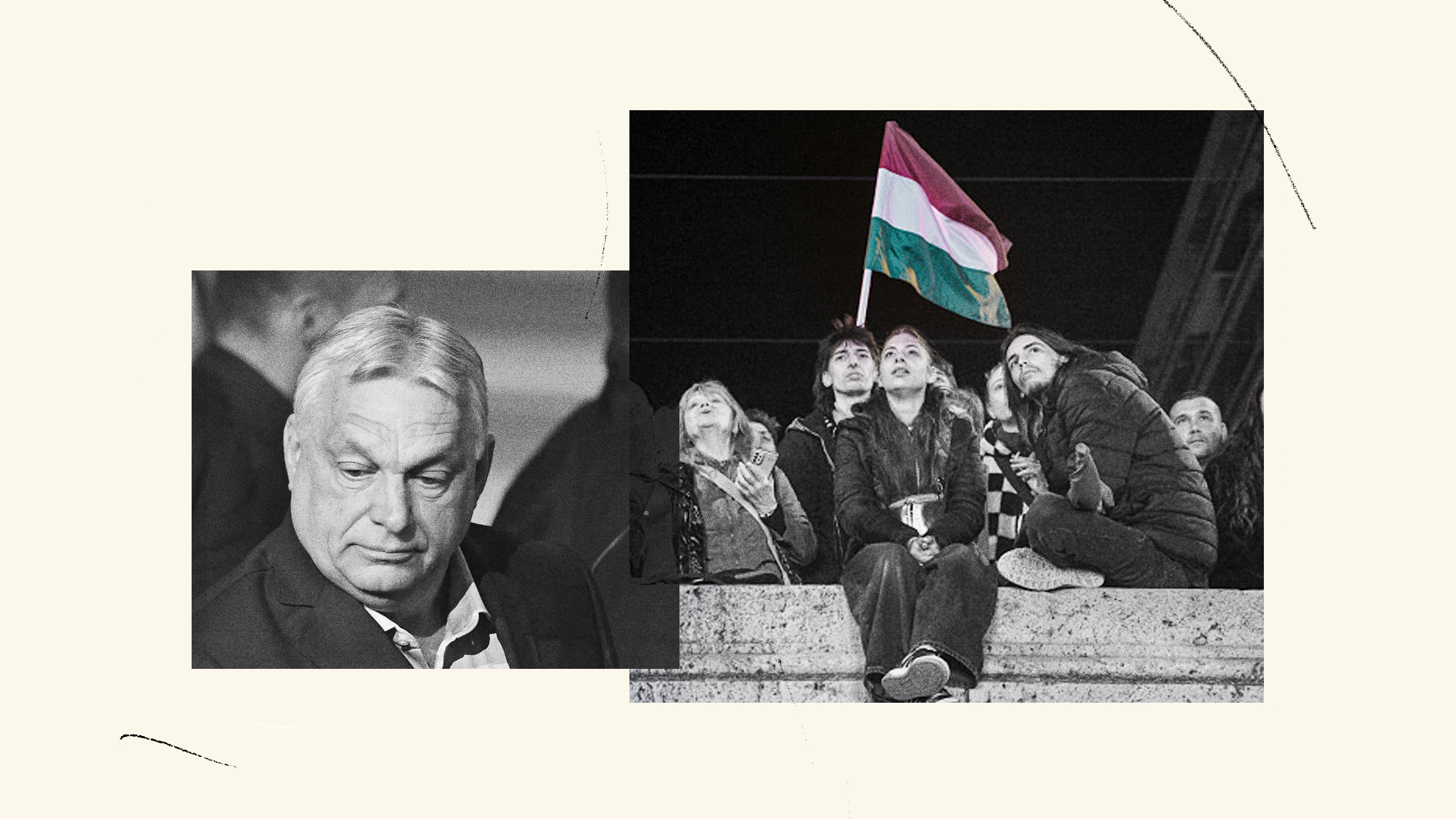 A collage of two photos, an older man on the left and young people holding up a Hungarian flag on the right.