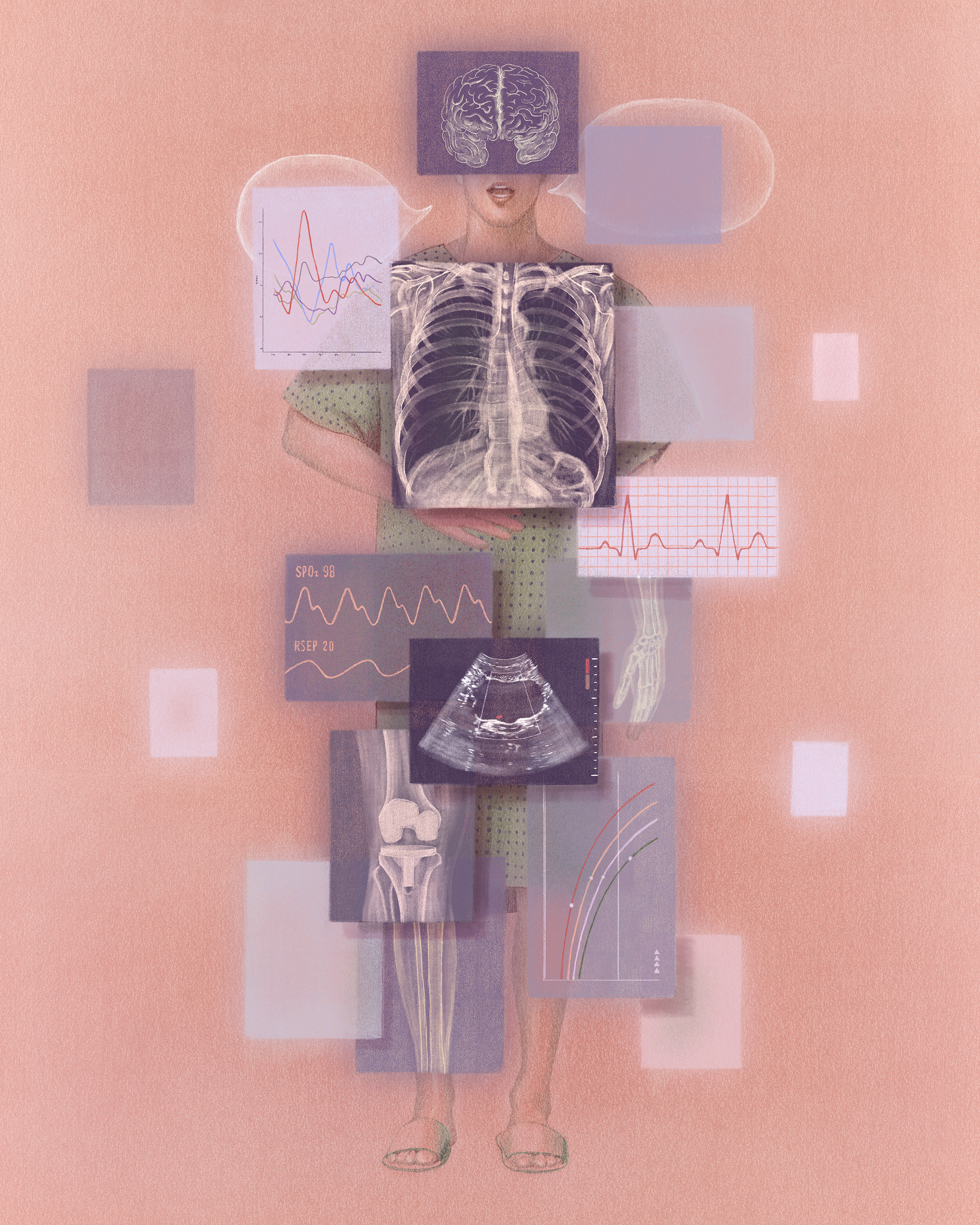 an illustration of a person covered with medical tests